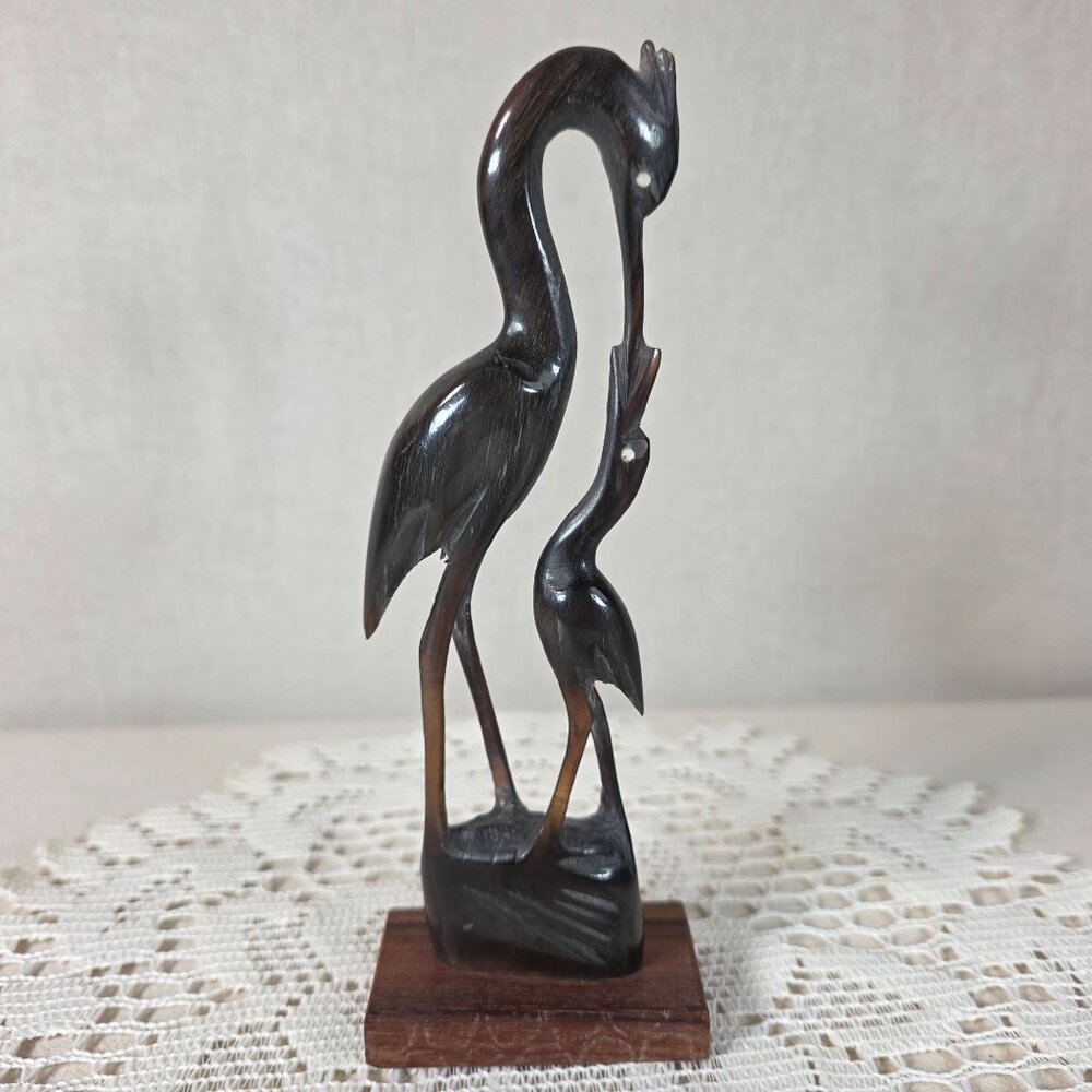 Vintage Hand Carved Water Buffalo Horn Crane Family Sculpture On Wooden Base - Picture 2 of 6